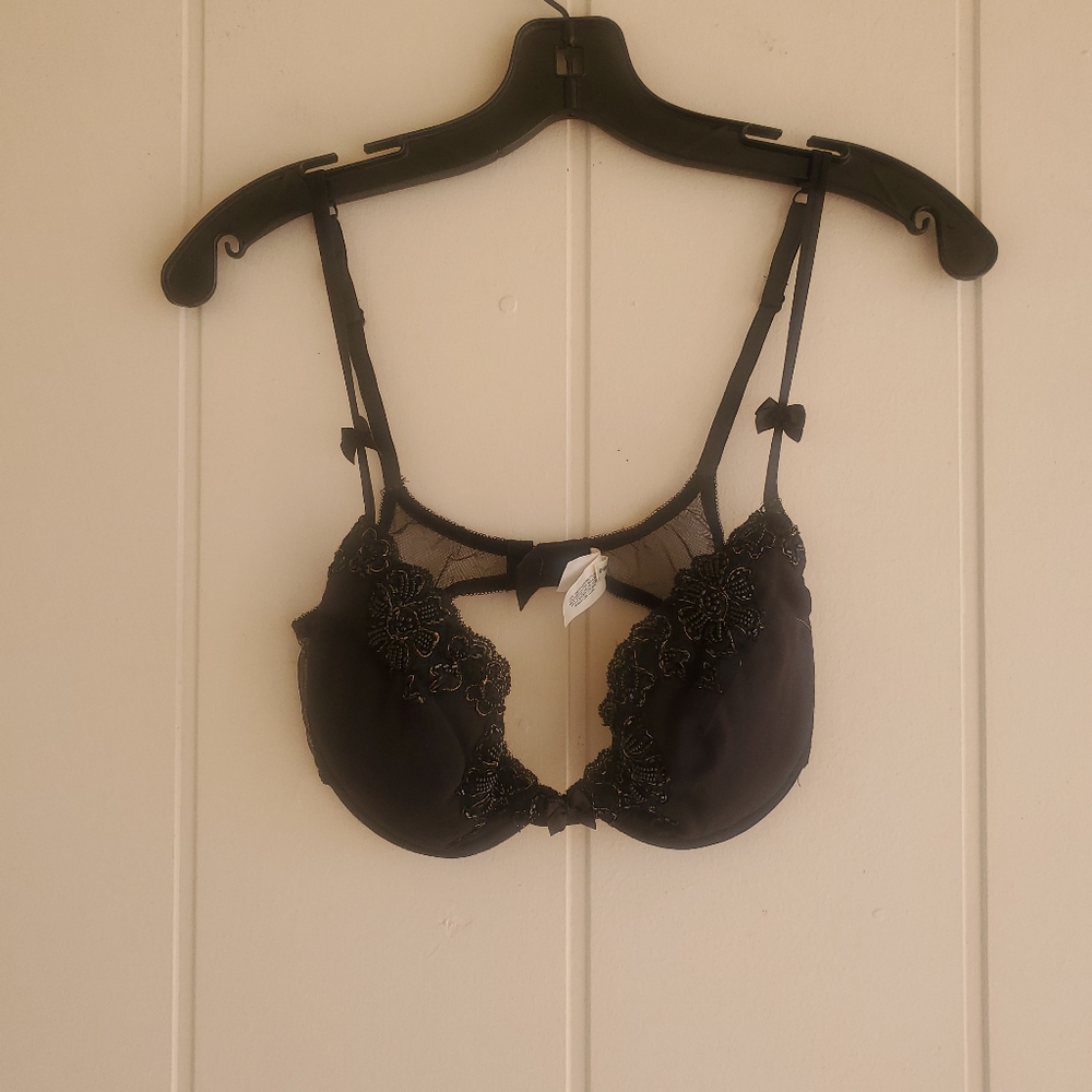 VTG Victorias Secret Bra Black Sequin Beaded Padded 34C Glamour Vixen Whimsigoth